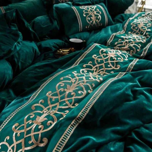 Luxury Embossed Velvet Duvet Set - Green