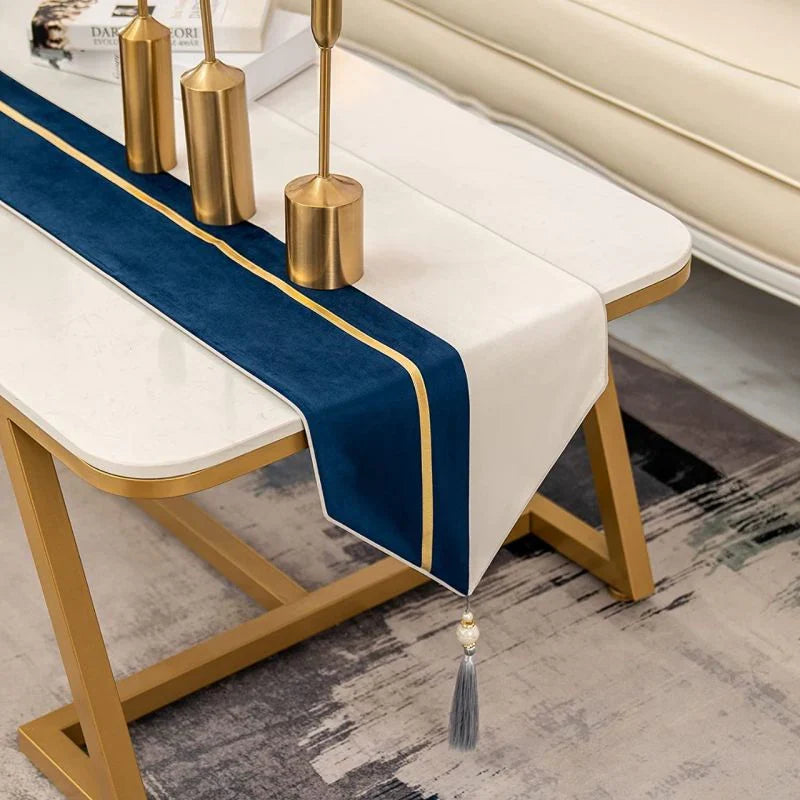 7 Pieces Velvet Table Runner Blue/White