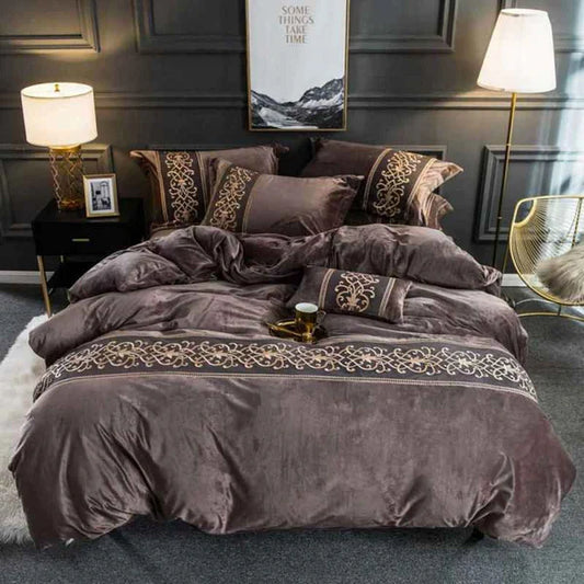 Luxury Embossed  Velvet Duvet Set - Brown