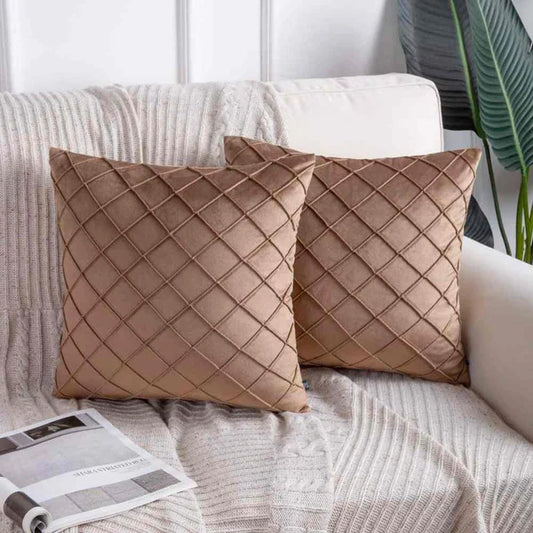 Pack of 2 Velvet Decorative Pleated Square Cushion - Camel