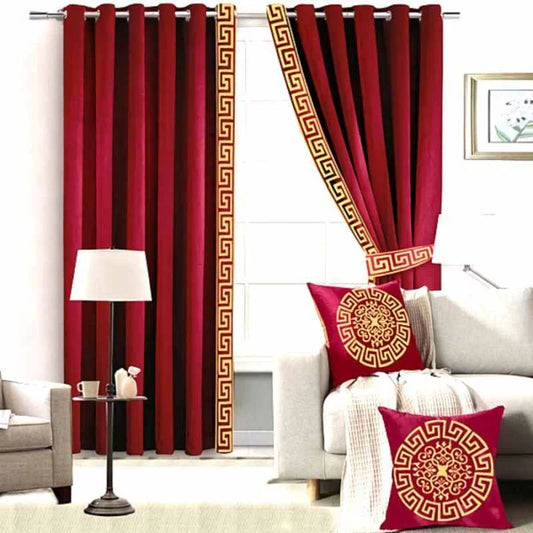 Premium Velvet Curtain ( 2 Curtains & 2 side belts ) -  Maroon (0055)