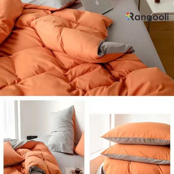 Reversible Duvet Cover Set King Size - Orange & Light Grey (186)