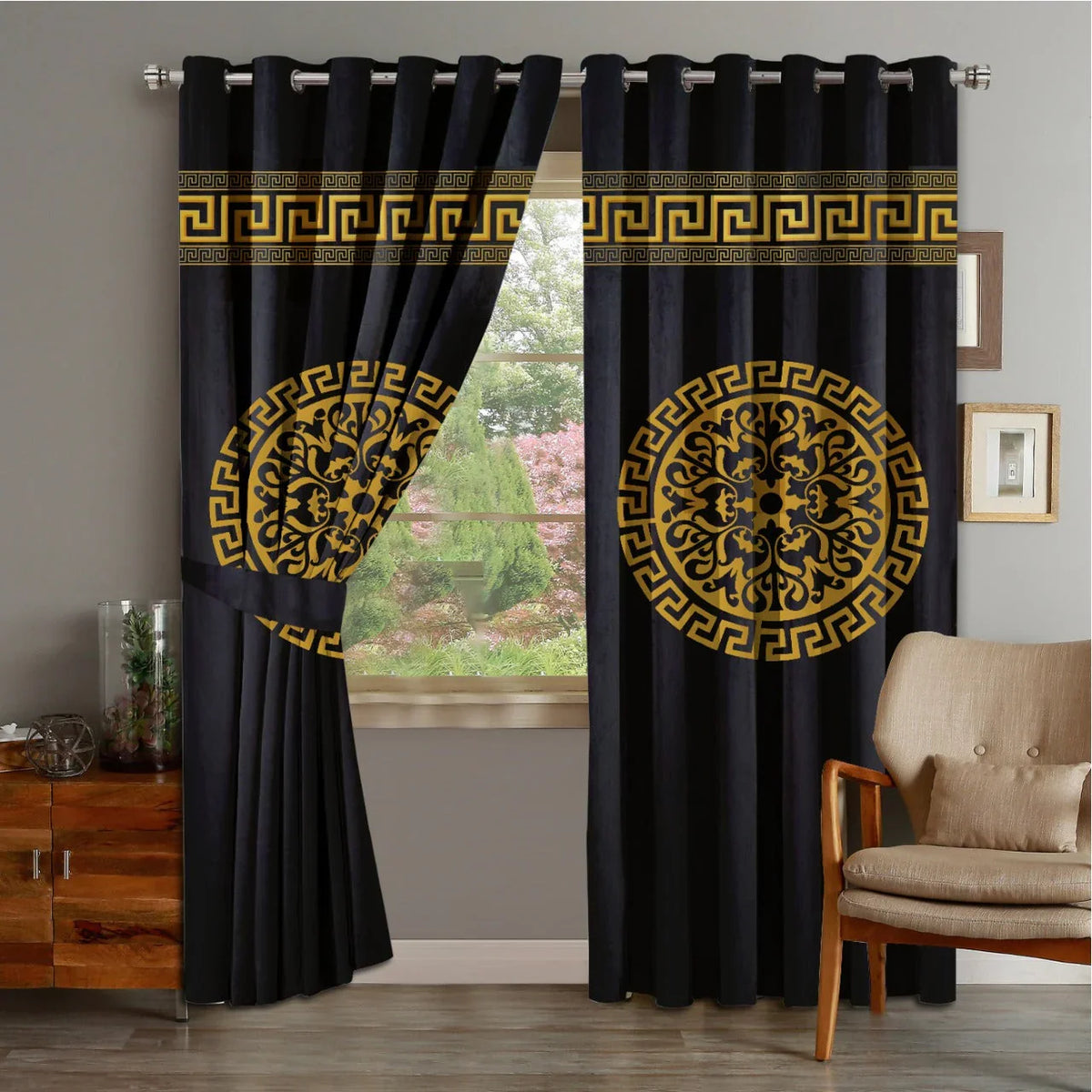 2 PIECE OF PREMIUM VELVET CURTAINS WITH 2 BELTS (BLACK&GOLD) (0023)