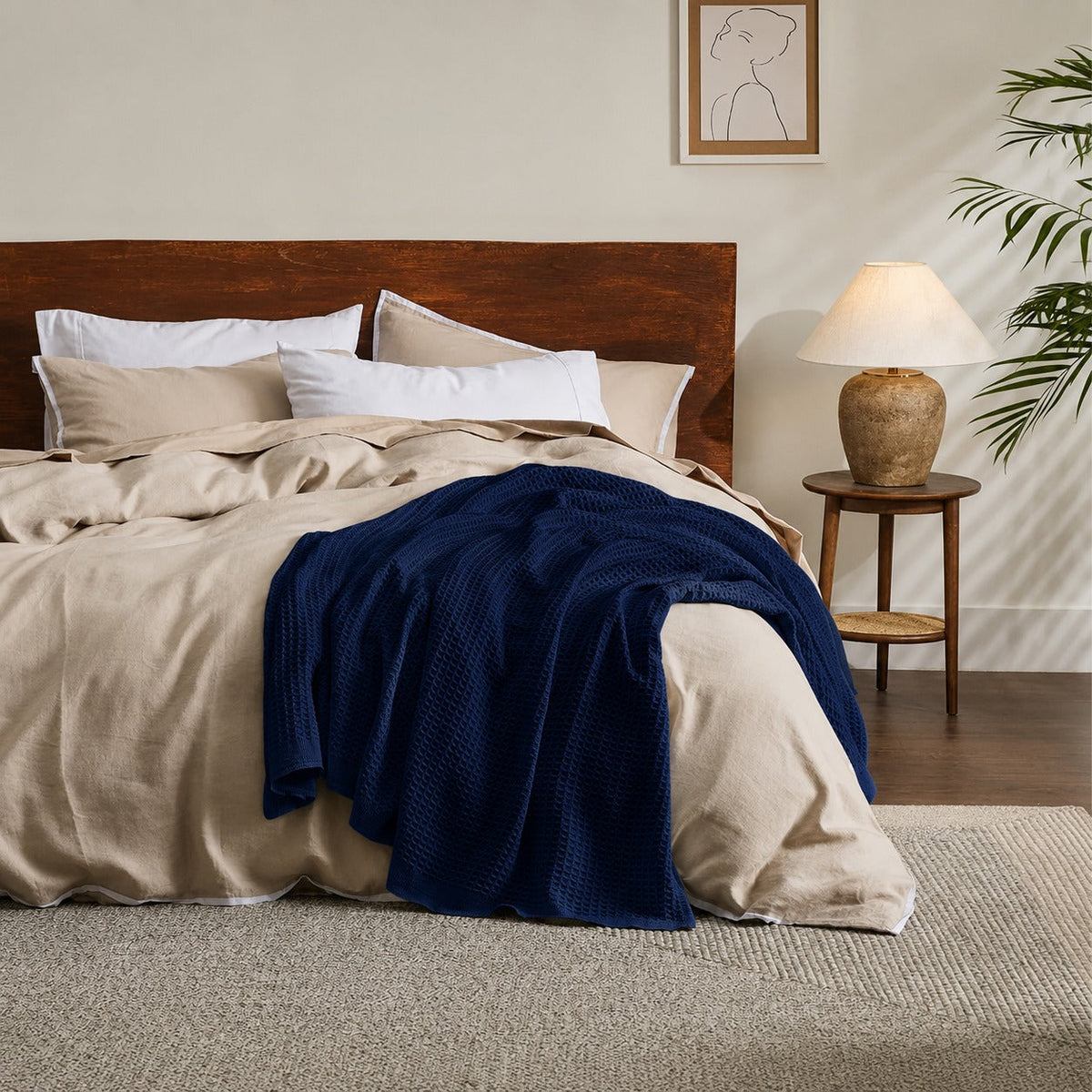 Cotton Waffle Blanket - Navy Blue