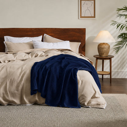 Cotton Waffle Blanket - Navy Blue